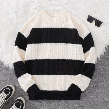 Autumn and Winter Striped Crew Neck Hemp Straw Style Casual Couple Sweater Versatile Trendy Men's Long-Sleeve Sweater Top